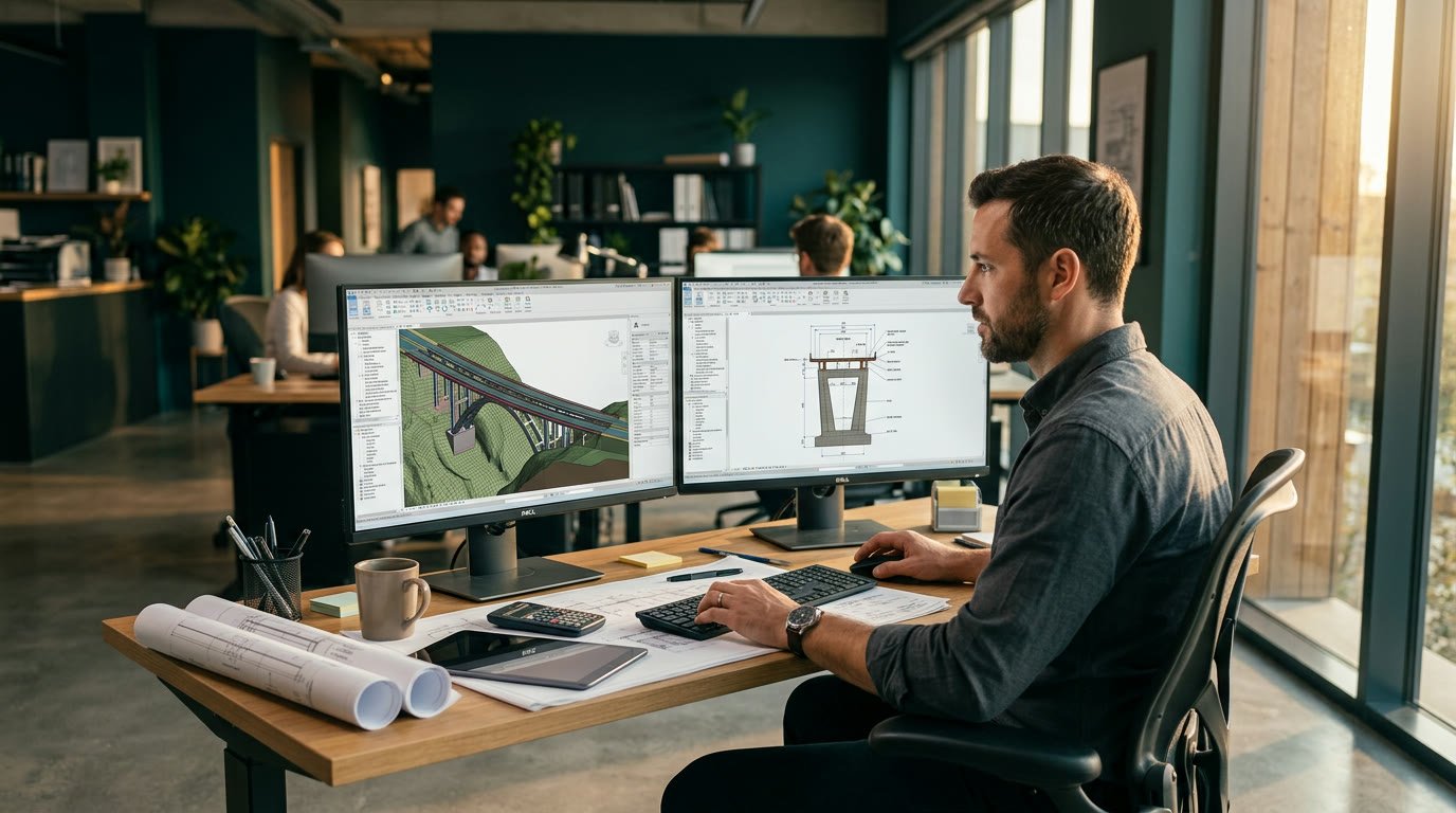 Civil structural designer working on a 3D bridge model