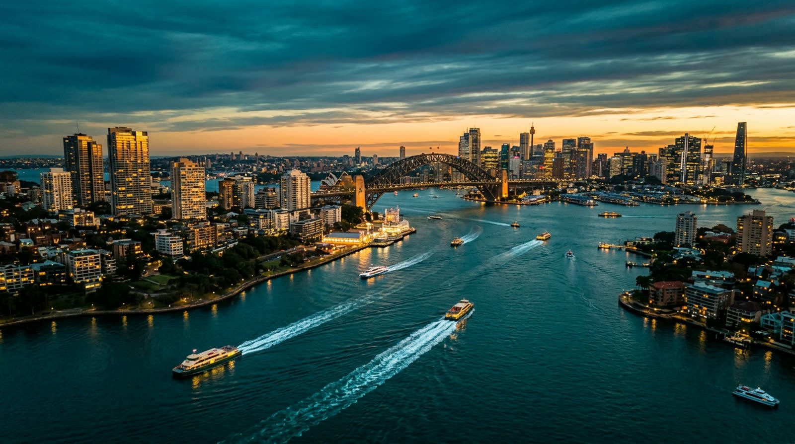 Aerial view of an Australian harbour city at dusk