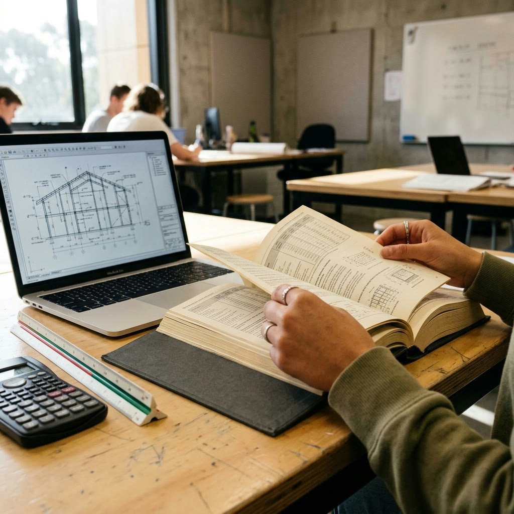 Student using a construction reference handbook alongside CAD software