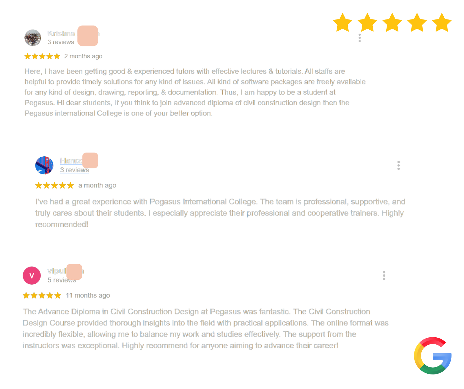 Celebrating Student Success. Google Reviews for Pegasus International College’s Advanced Diploma of Civil Construction Design